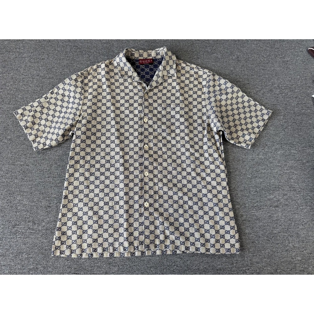 Gucci Shirt Mens 54 GG Canvas Linen Blend Bowling All Over Logo Made Italy